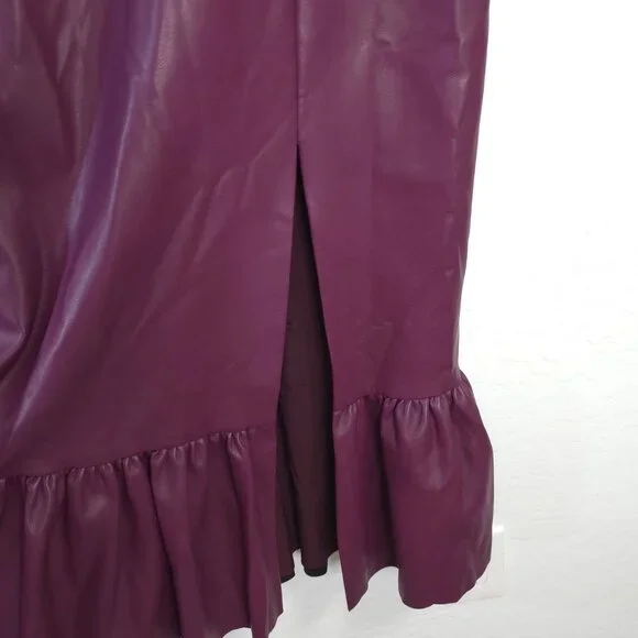 Sachin & Babi Size 14 Purple Maroon Faux Leather Midi Dress Slit Ruffle - Picture 6 of 13
